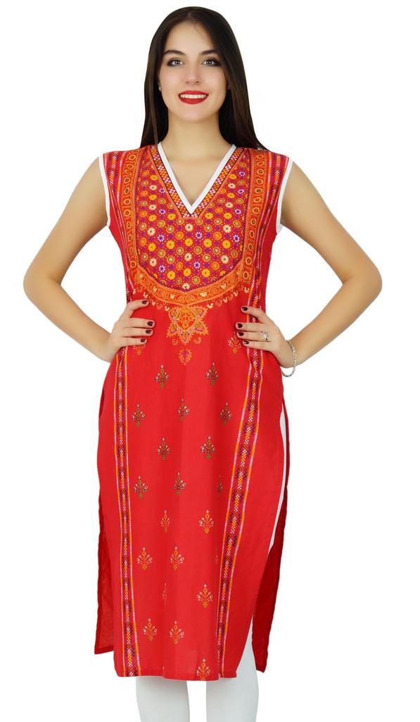 Bimba Womens Sleeveless Straight Cotton Kurta Printed Kurti Indian Summer