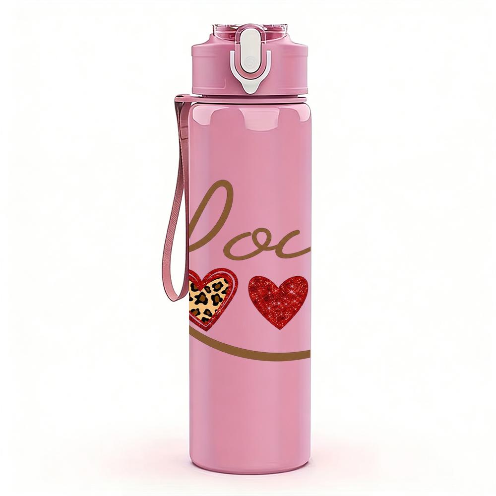 1PC Curly Font Double Heart Love 750ml Color Plastic Sports Water Bottle Leakproof Flip Straw Lid Suitable for Sports Office Home Use