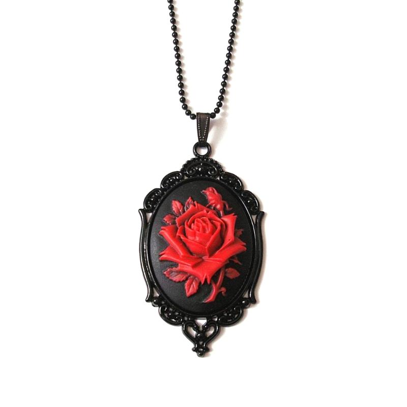 Gothic Red Rose Cameo Choker Necklace Halloween Cosplay Jewelry Adjustable Pendant Necklace Victorian Necklace Jewelry