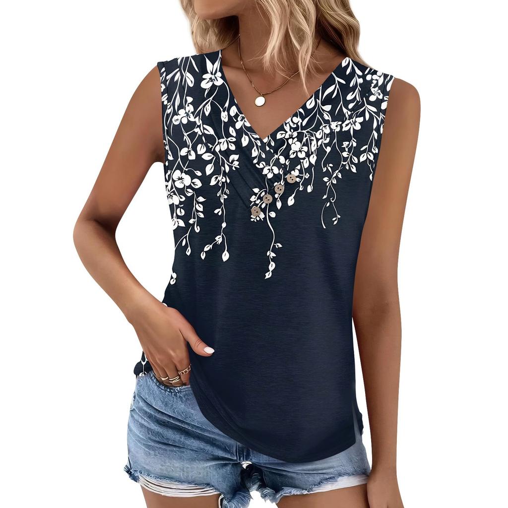 Women's Print Tank Top Button-down V-neck T-shirt Sleeveless Loose Fashion Top