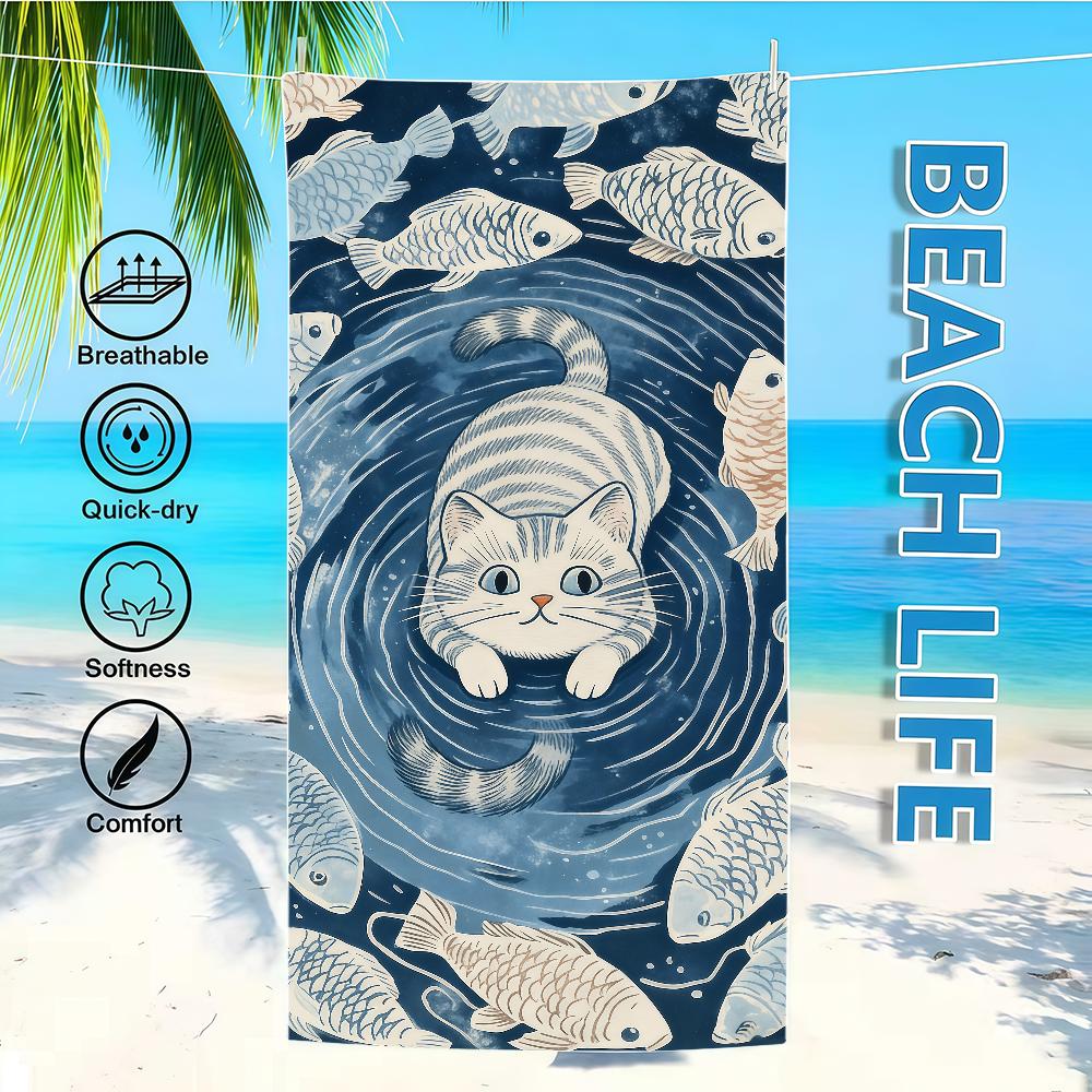 Fish Towel Textile Bathrobe Beach Pattern Quick-Drying Funny Cat Lightweight Portable Retro Camping Swim Pool Travel