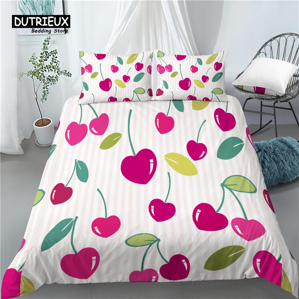Home Living Luxury Cherry Print 2/3Pcs Comfortable Duvet Cover PillowCase Bedding Set Queen and King EU/US/AU Size