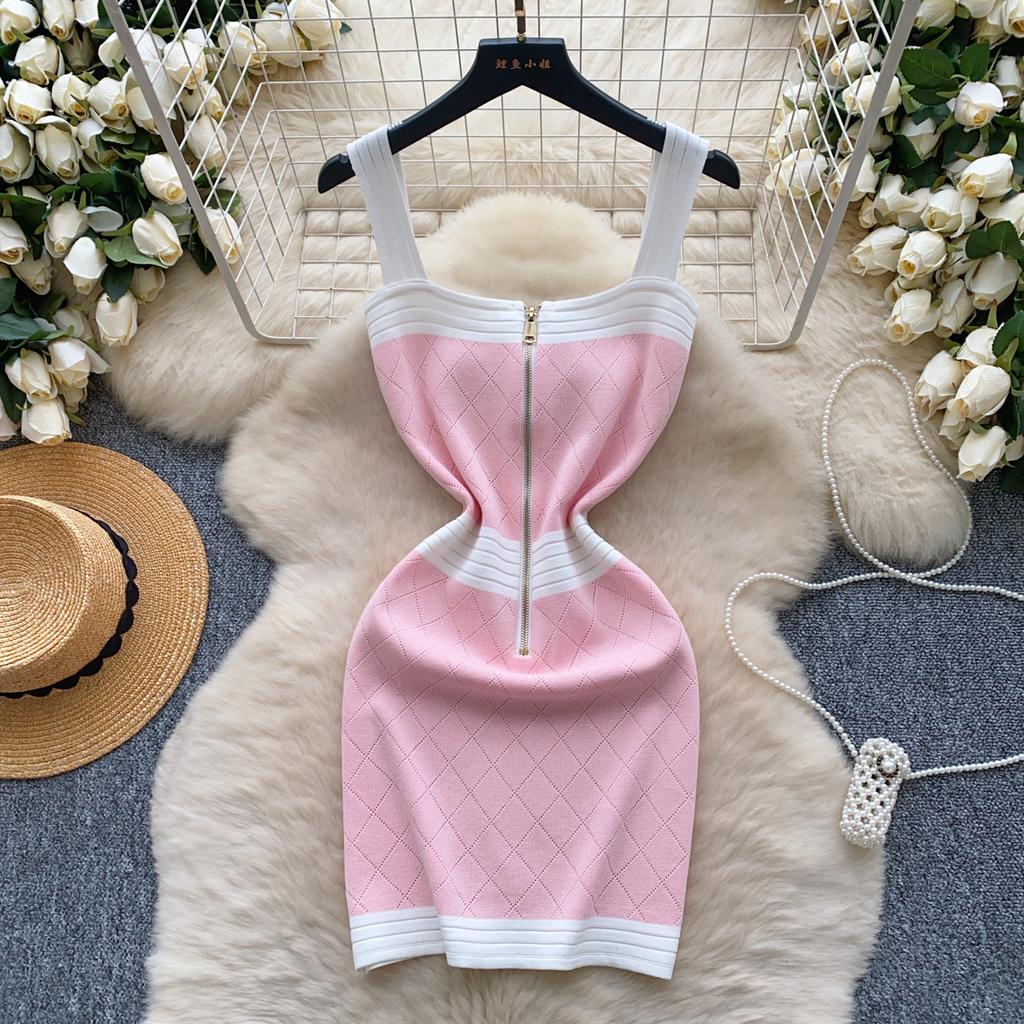 Robe mini tricotée pour femme, sans manches, motif de tempérament, bloc de couleurs, fermeture éclair, slim, élastique, été
