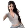 Women's Gray V-neck Cropped Slim Fit Short-Sleeve T-shirt: Chic, Sweet, Cool, Spicy Summer Style