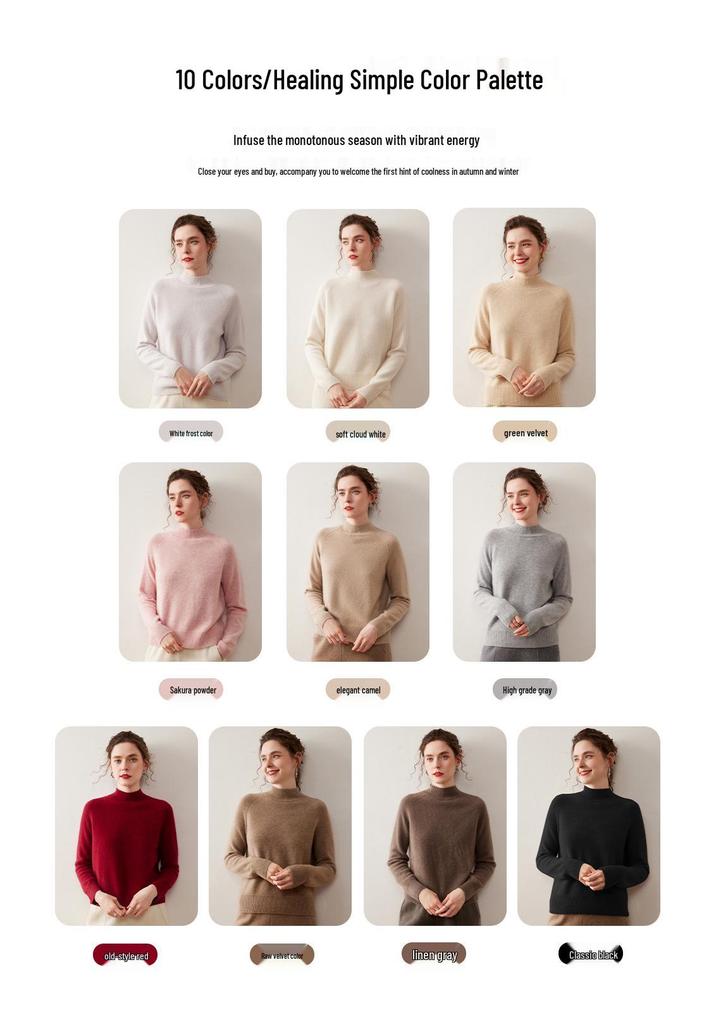 Women's Korean Style Cashmere Sweater: Half-High Collar, Solid Color, Short Raglan Sleeve, Perfect for Autumn and Winter