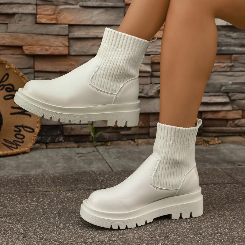 Fashion Fashion Round Toe Spliced Stretch Cloth Platform Anti-Slip and Wear-Resistant Women's Autumn Sock Boots