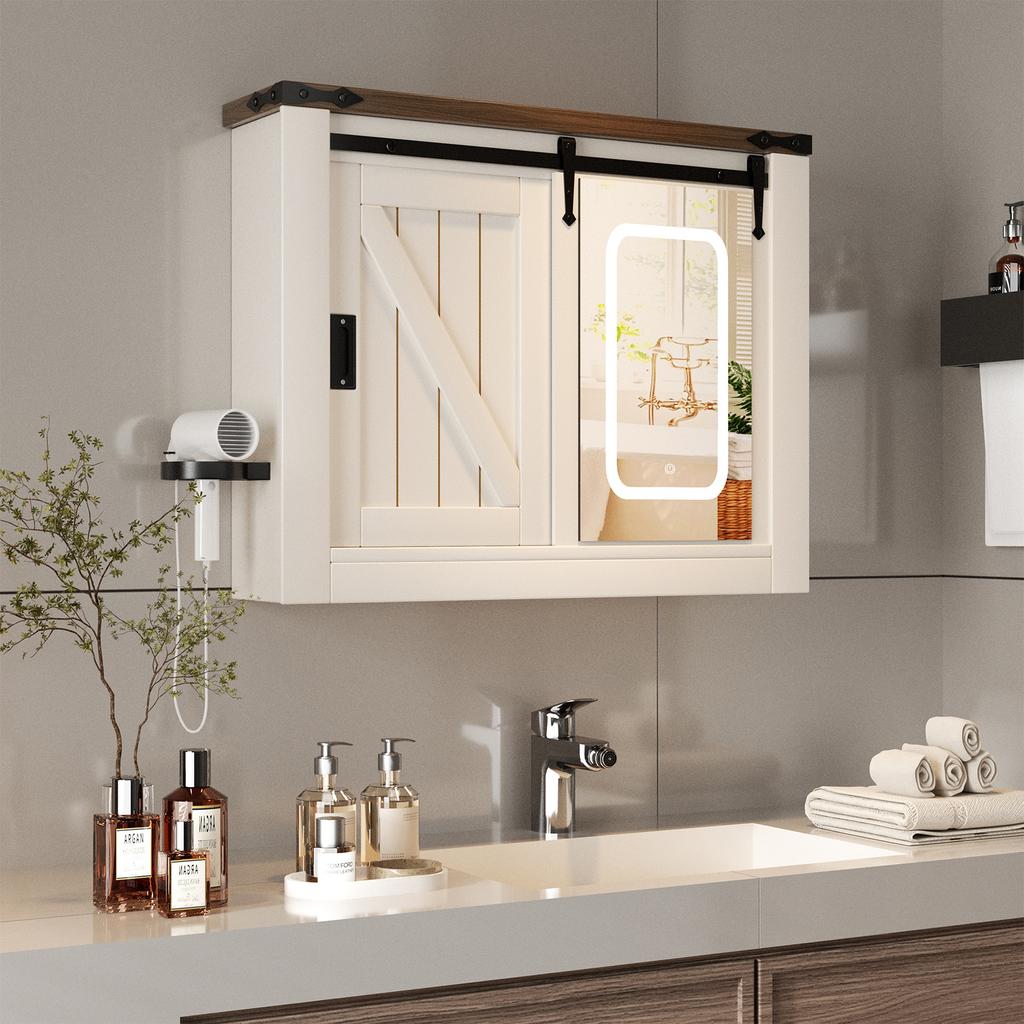 With Sliding Door 3-color Light Adjustment, Anti-fog LED Mirror Cabinet Farmhouse Bathroom Mirror Cabinet for Bathroom Bedroom