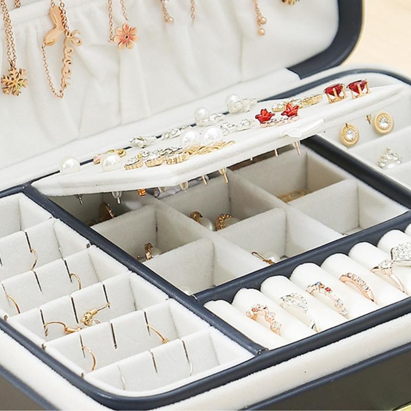 Jewelry Box with PU-Covered Exterior, Lift-Out Upper Tray, Ring Rolls, Earring Panel, Necklace Hooks, and Lid Pocket