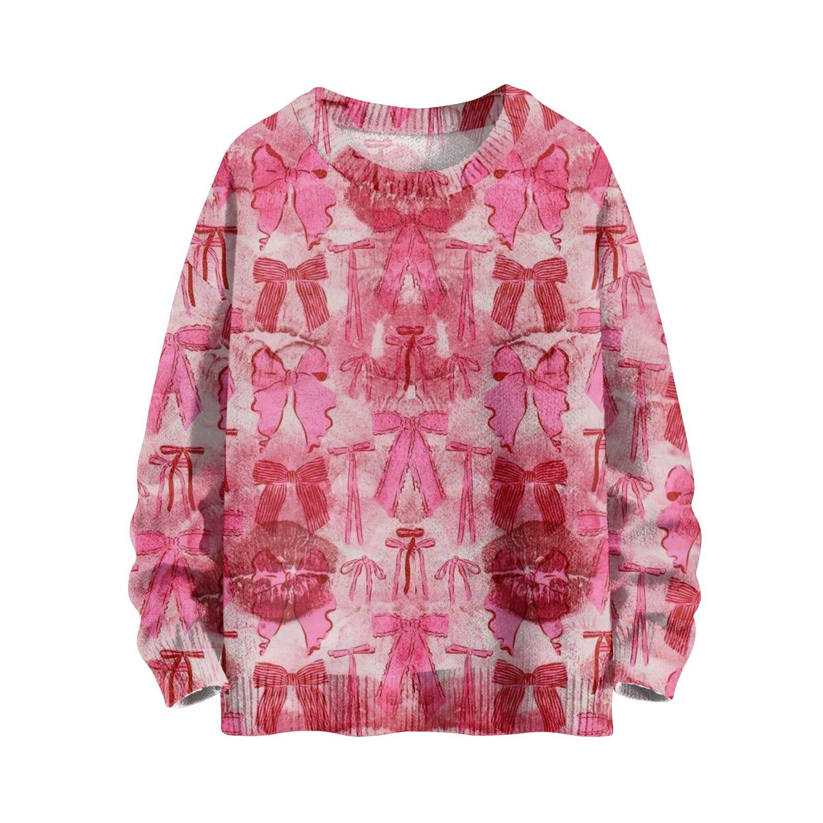 

Женская мода повседневный длинный рукав бант принт милый ворот шерстяной трикотажный пуловер топ XL винный