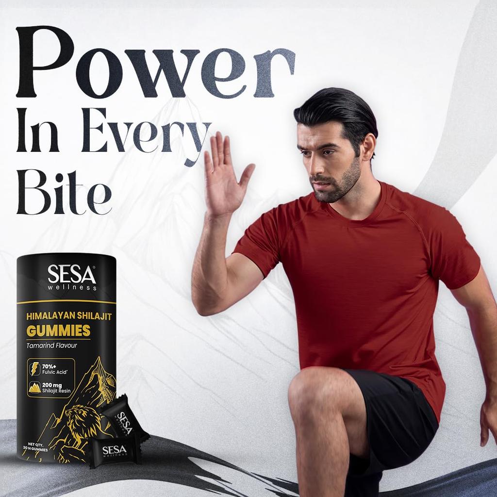SESA Gommose Shilajit Himalayano 200mg Con Oltre 70% di Acido Fulvico Per Energia, Forza, Resistenza | Senza Zucchero | Confezione Singola | Uomini e Donne