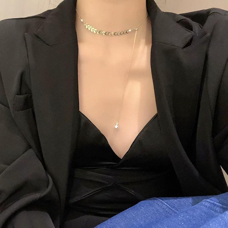 Delicate Pearl & Wheat Ear Pendant Necklace - Cold Style Clavicle Chain for Women