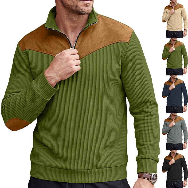 Felpa Uomo Vintage Stile Europeo con Mezza Zip e Collo Alto in Tessuto Poliestere per Uso Casual