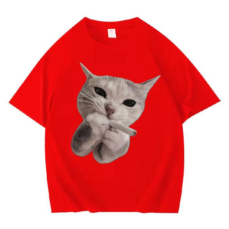 Mens and Women's Funny Cat Smoking Casual Crewneck T-Shirt Summer Graphics Oversized T Shirts Teenagers Clothes