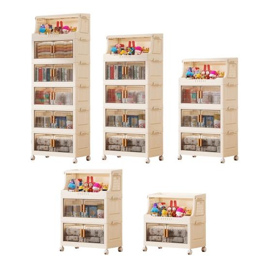 Stackable Collapsible Storage Bins Storage Boxes with Door And Wheels Multi-tier Rolling Organizer with Shelf for Kids Toys Snacks Blanket Pillow