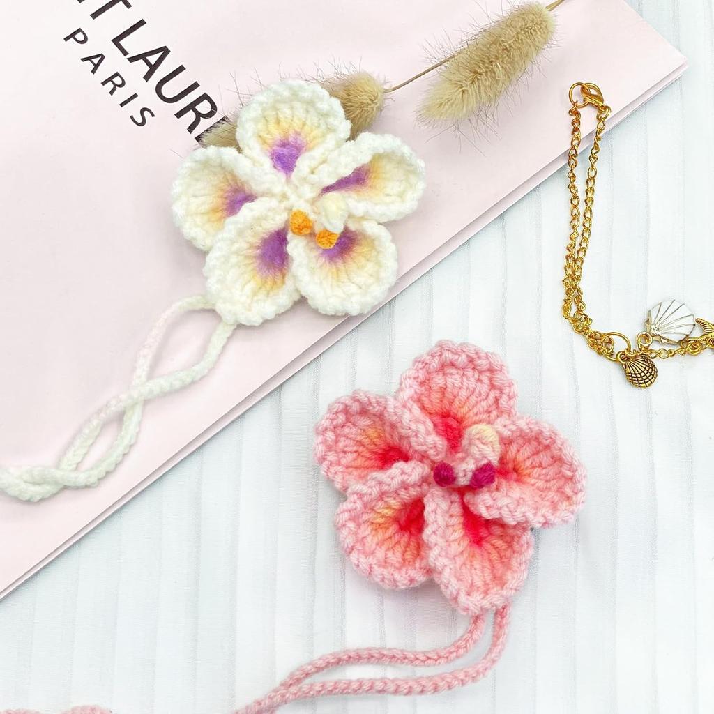 Crochet Hibiscus Flower Car Hanging Accessories for Women,Handmade Hawaiian Tropical Flower Ornament,Cute Crochet Plant for Car Rearview Mirror