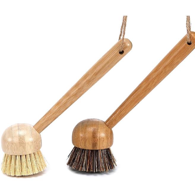 FOLI Bamboo Handle Dish Scrub Brushes - Wooden Cleaning Scrubbers with Stiff Bristles for Washing Kitchen Cast Iron Pan Pot (2PCS with Sisal & Palm