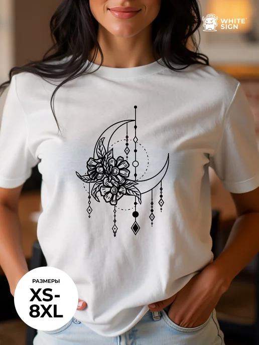 Crescent Moon Print Oversized Cotton T-Shirt (Dressy Style) M
