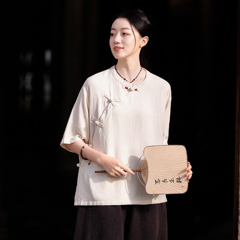 Johnature Women Chinese Style Shirts Solid Color Stand Half Sleeve Tops Summer Vintage Button Women Shirt Blouses