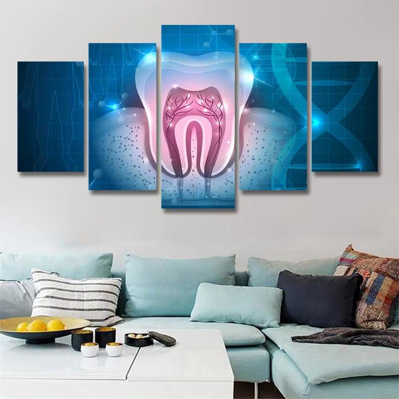 Pittura su Tela Geometrica a 5 Pannelli per Radiografie Dentali, Arte da Parete, Poster e Stampe di Denti Splendenti per Arredamento Pareti di Odontoiatria Senza Cornice
