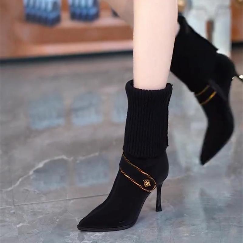 Fall New Thin Heel Single Boots Women Fashion Pointed Metal Buckle Side Zipper Splicing High Heel Elastic Boots