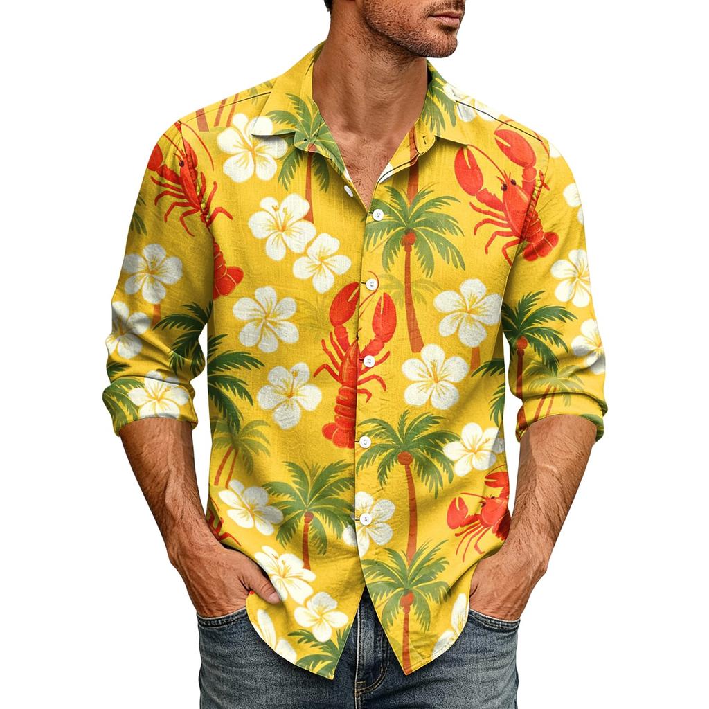 Chemise Hawaïenne Manches Longues Imprimé Homard pour Homme, Col Boutonné, Chemise Décontractée pour Plage, Vacances d'Été et Activités en Plein Air