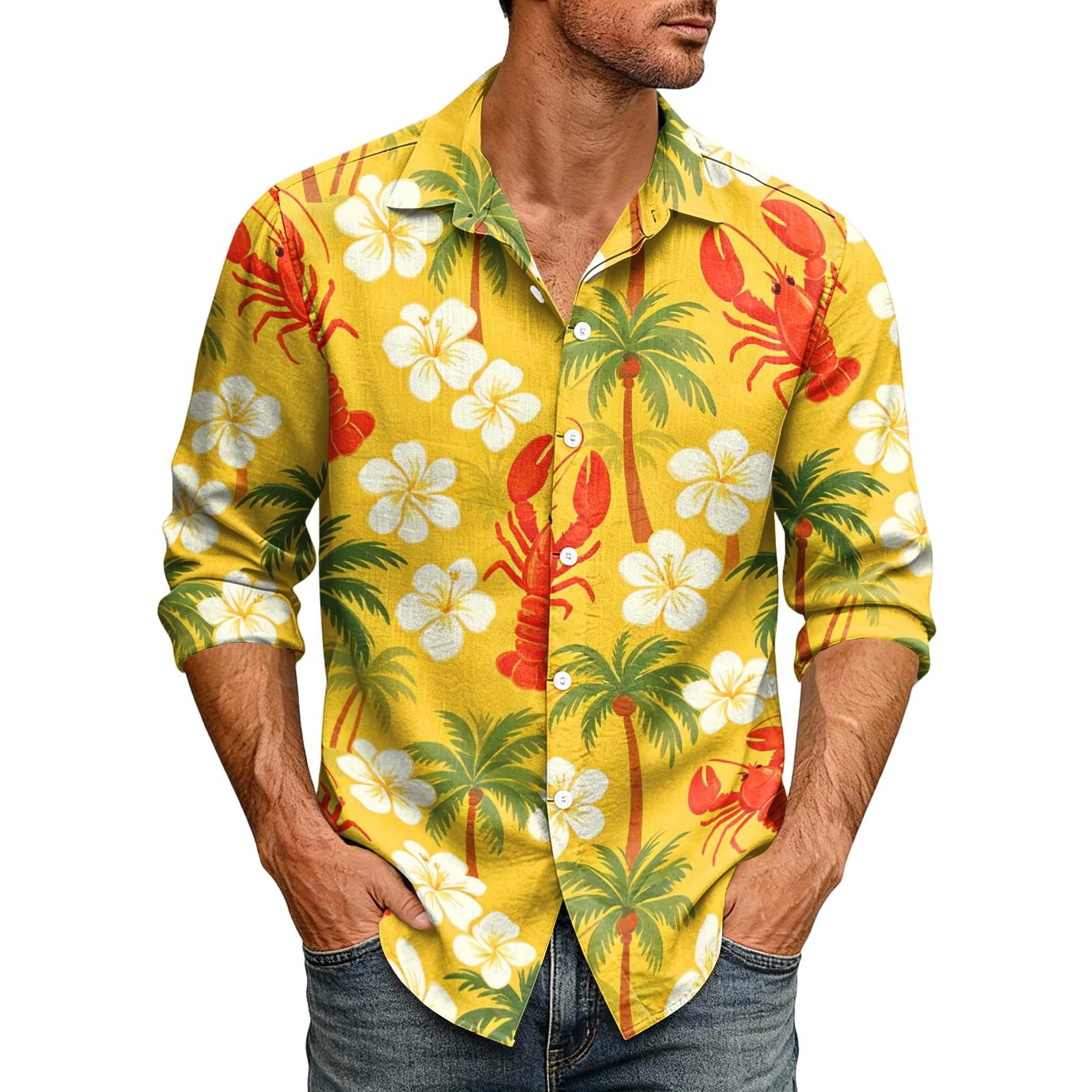 Men s Hawaiian Shirt Long Sleeve Print Casual Button Down Shirt for Summer S
