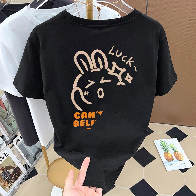 

Black fashion cartoon rabbit pure cotton shoulder short-sleeved t-shirt women s 2025 summer new texture loose half-sleeved top trendy S