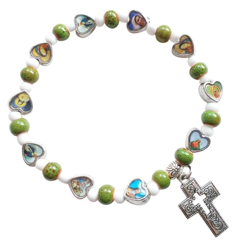 Cross Pendant Strand Bracelets Elastic Bead Bangles Women Jewelry Gift Beaded Bracelets Pendant Bracelets for Girl Women