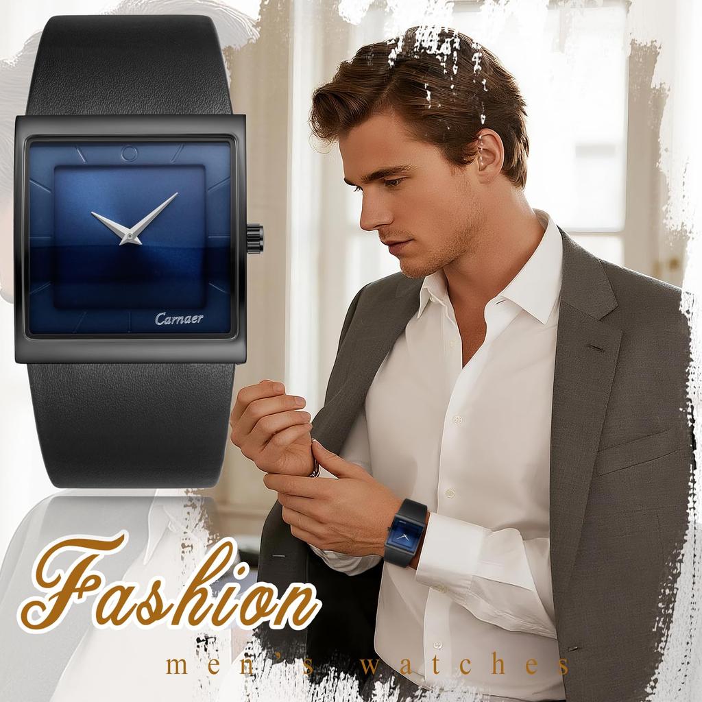 Men's Square Watch with Genuine Leather Strap, 3ATM Water Resistance: Analog Display, Calendar, Japanese Quartz Movement, Leisure, Business, Stylish