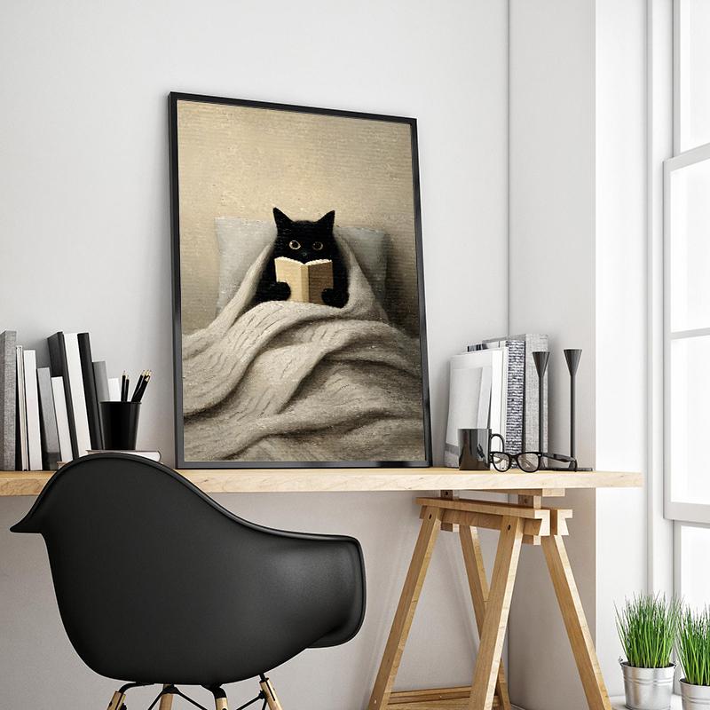 Black Cat Reading in Cozy Bed Orange Cat Cherry Blossom Lotus Landscape Canvas Painting Print Wall Art Picture Room Home Decor