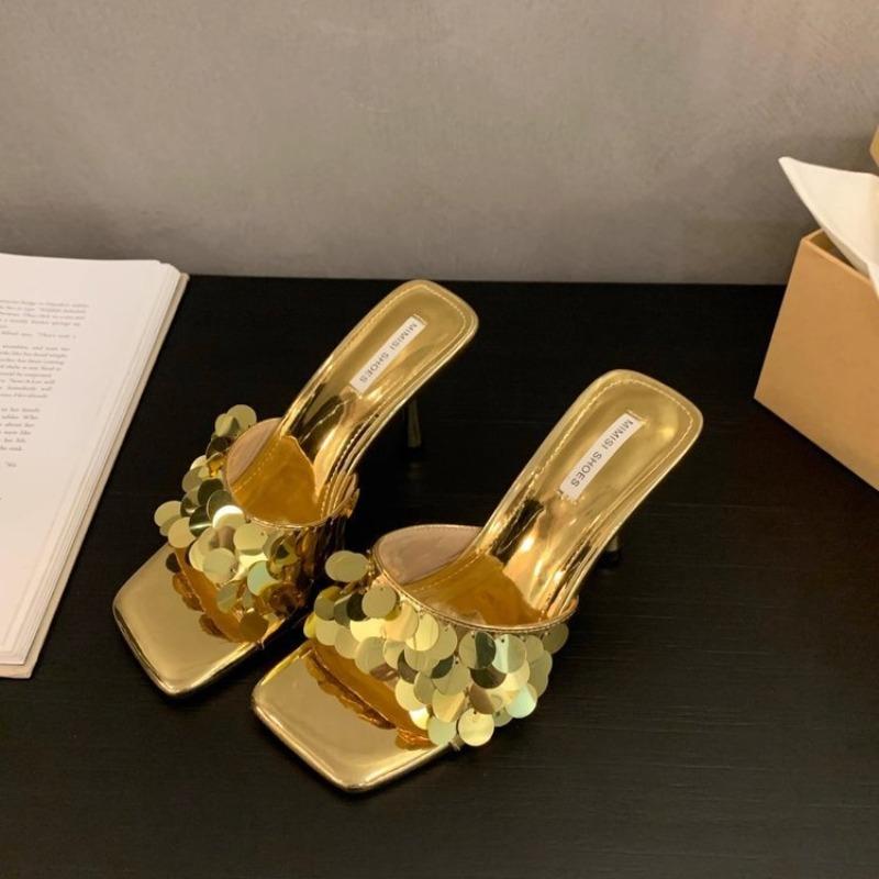 Fashion 2025 Summer Hot Selling Women's Square Toe High Heels Fashionable and Elegant Outdoor Versatile Silver Women Slippers