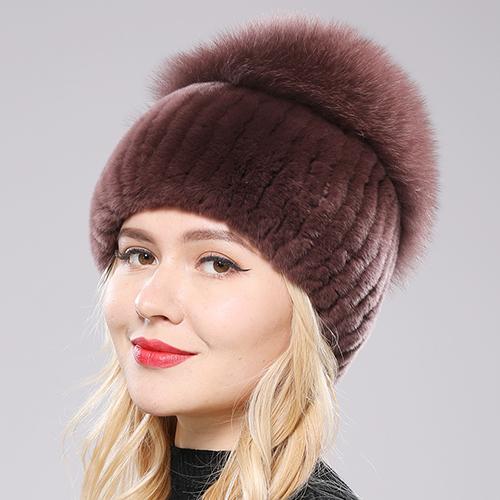 New Women Winter Luxury Real Rex Rabbit Fur Hat Knitted Rex Rabbit Fur Hat Top Natural Fox Fur Cap Genuine Fox Fur Beanies Hat
