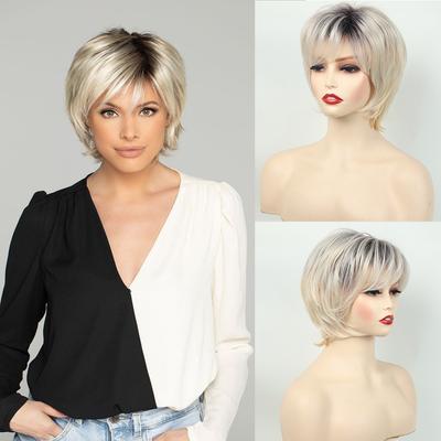 Women Light Blonde Wigs with Bangs Short Layered Hair with Dark Roots Synthetic Wave Wig for Daily Cosplay Use Heat Resistant Fibre