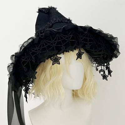 Children Adults Halloween Witch Hat  Women’s Girls Gothic Handmade Bowknot Fleece Lace Lolita Princess Ladies Wizard Hat