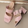 Fashion Summer New High-heeled Suede Square Toe Exposed Metal Buckle One-foot Anti-slip and Wear-resistant Slippers
