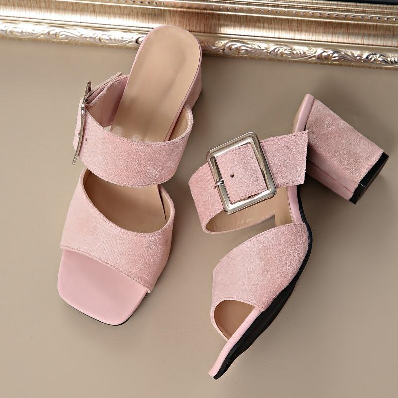 Fashion Summer New High-heeled Suede Square Toe Exposed Metal Buckle One-foot Anti-slip and Wear-resistant Slippers