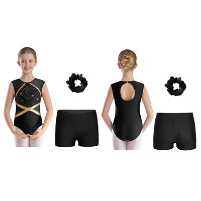 Girls Gymnastics Leotard Sleeveless Glittery Rhinestones Keyhole Back with Shorts