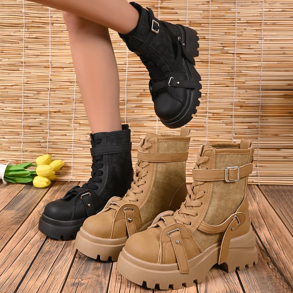 Fashion Autumn Winter Women's Gladiator Boot Chunky Heels Leather Punk Platform Shoes Buckle Motorcycle Boots Goth Chelsea Mujer Zapatos