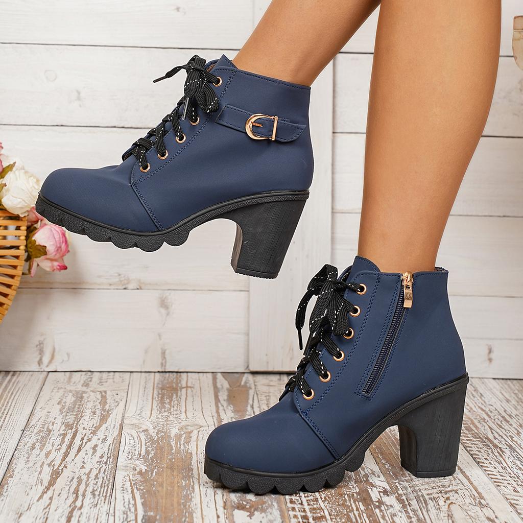 Moda 2025 Nowe Damskie Botki na Wysokim Obcasie Jesień Zima Sznurowane Antypoślizgowe Krótkie Buty Moda Nowe Damskie Buty Kobiety Zapatos De Mujer