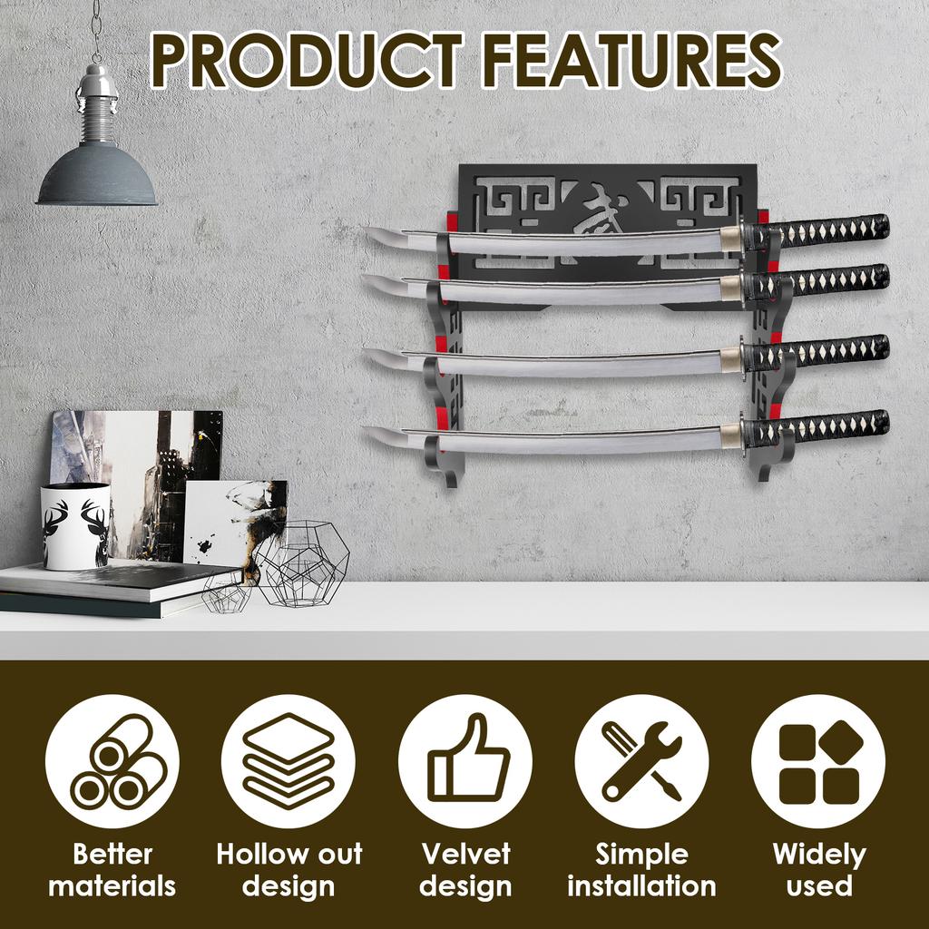 Wood Katana Stand with Velvet Padded Hook  2/4 Tiers Wall Mount Sword Holder Decorative Sword Stand Black Katana Holder