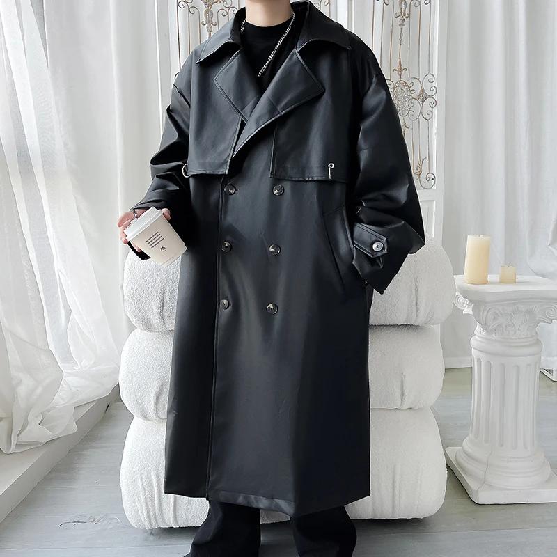 Autumn Men Long Black Pu Leather Jacket Men Oversized Cool Trench Coat Men Windbreaker Streetwear Double Breasted Luxury Clothes