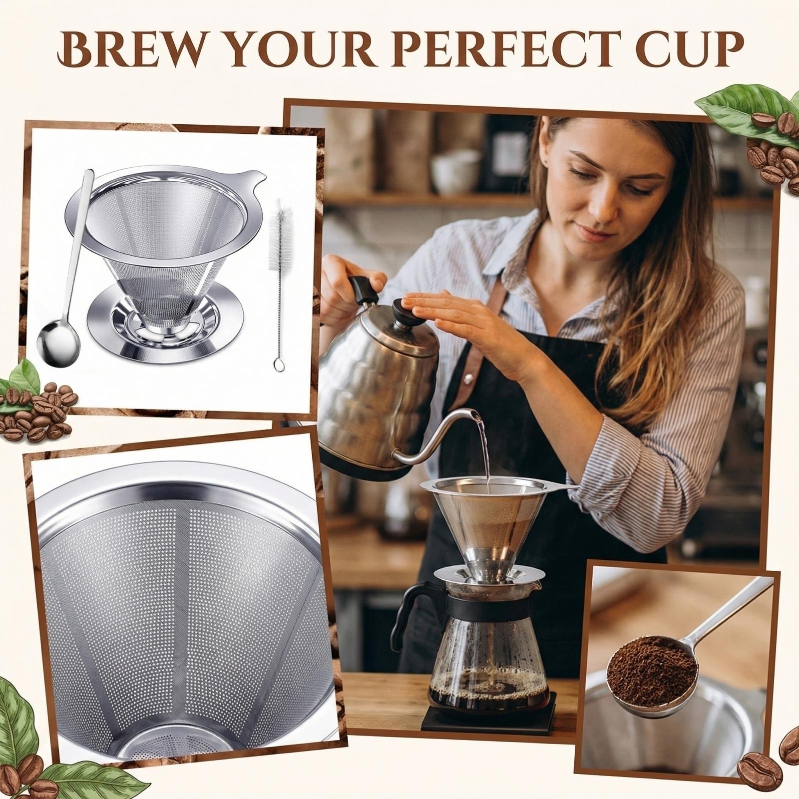 

Coffee Stainless Steel Filter, Hand Brewed Coffee Funnel One Size серебряный