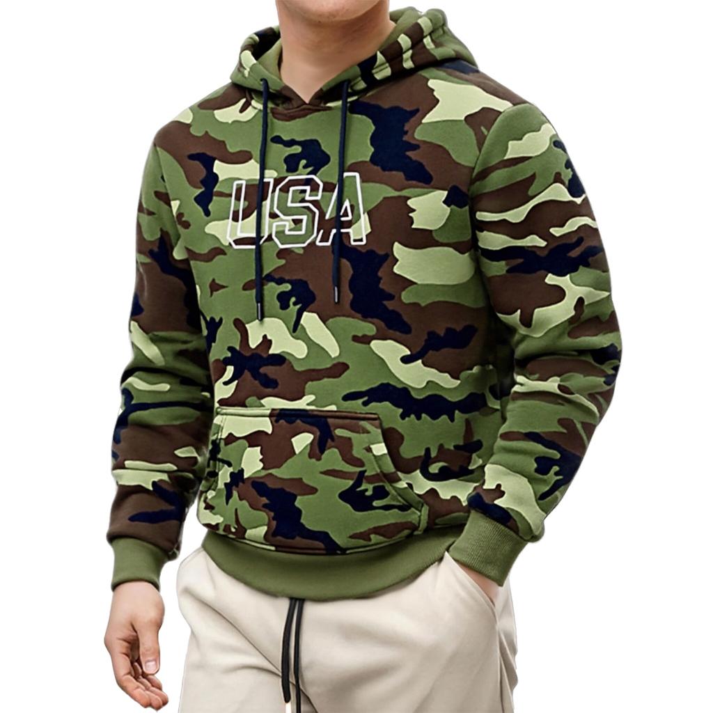 Men's Camouflage Printed Letter Embroidered High-weight Hoodie, Men's Trendy Sporty Casual Hoodie