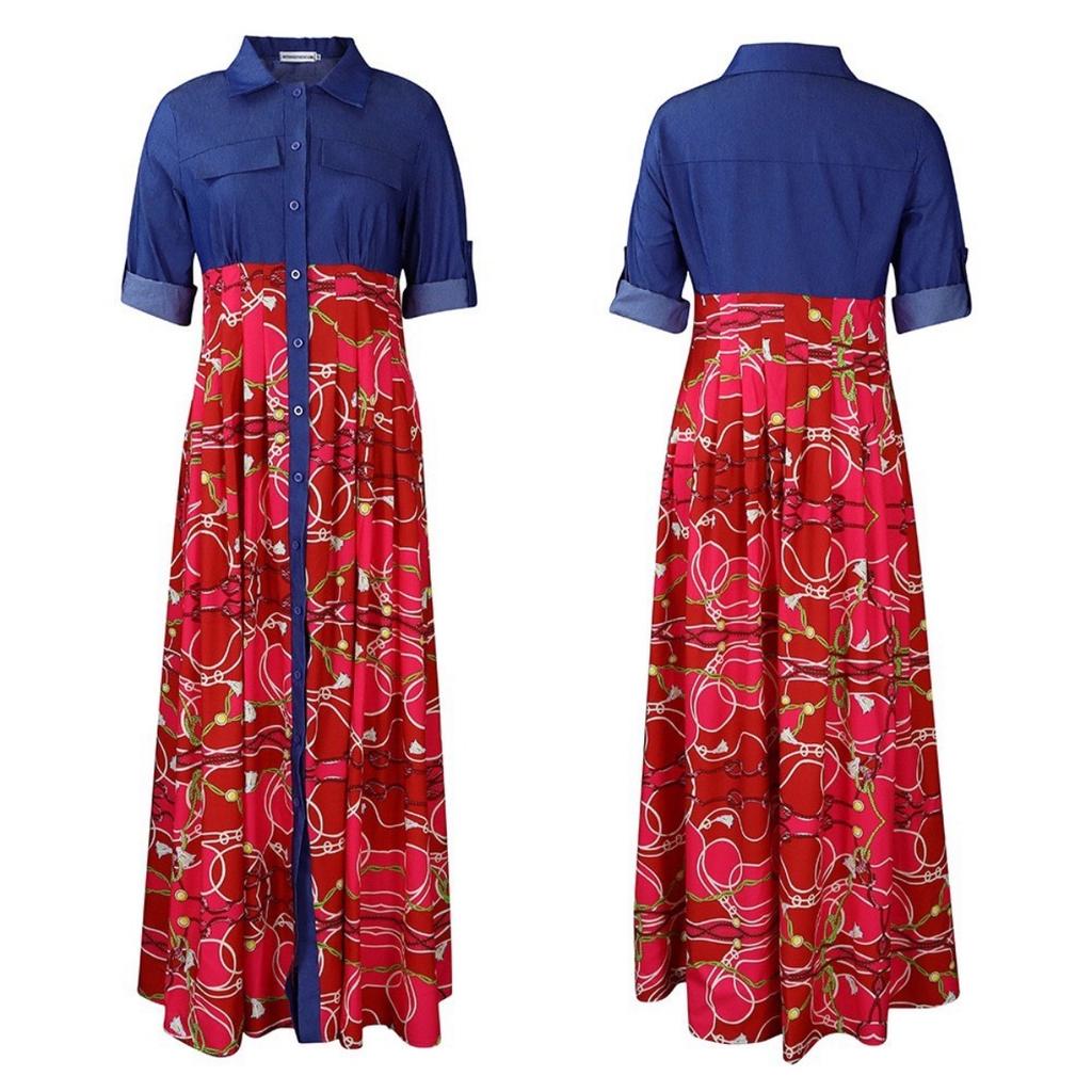 LYRIA Women Long Sleeve Printing Red Blue Long Dress Maxi Dress