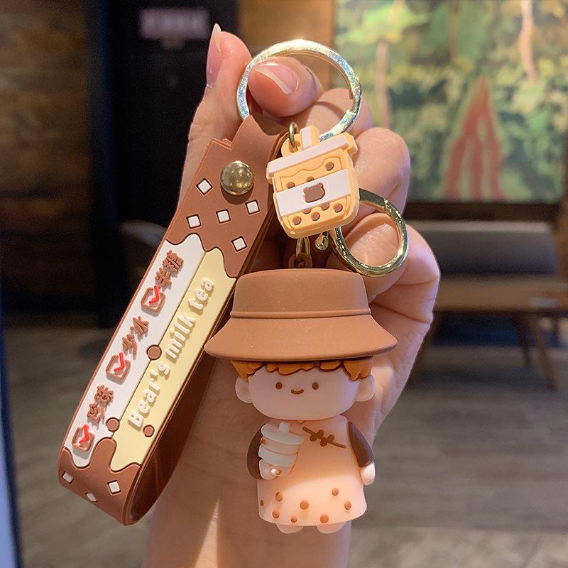 Creative Bubble Tea Keychain Pendant Cute Cartoon Couple Car Key Chain Bag Pendant Gift opp bag packaging
