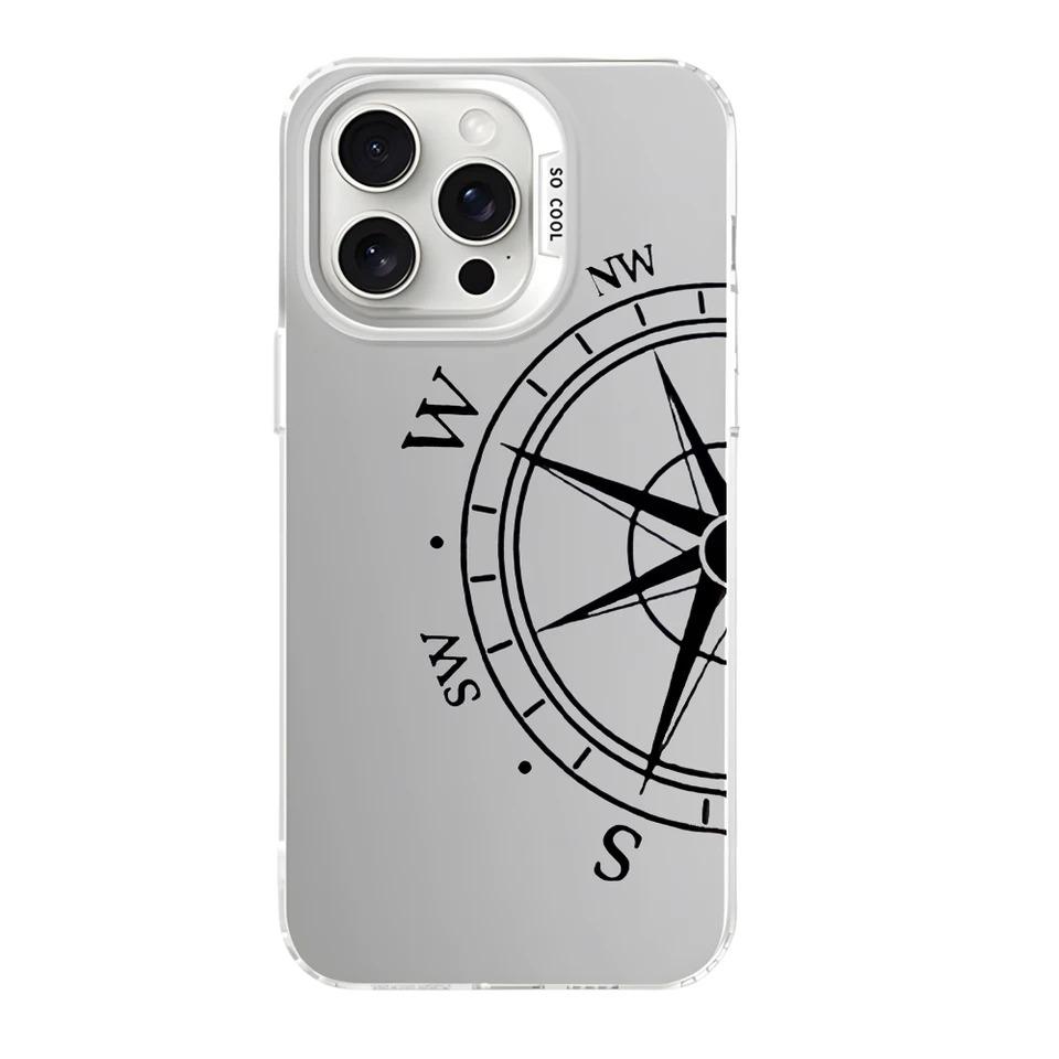 Fashion Vintage Compass Phone Case for iPhone 16 12 13 Mini 11 14 15 Pro Max XR 8 Plus Sturdy Hard IMD Plastic Shockproof Cover_