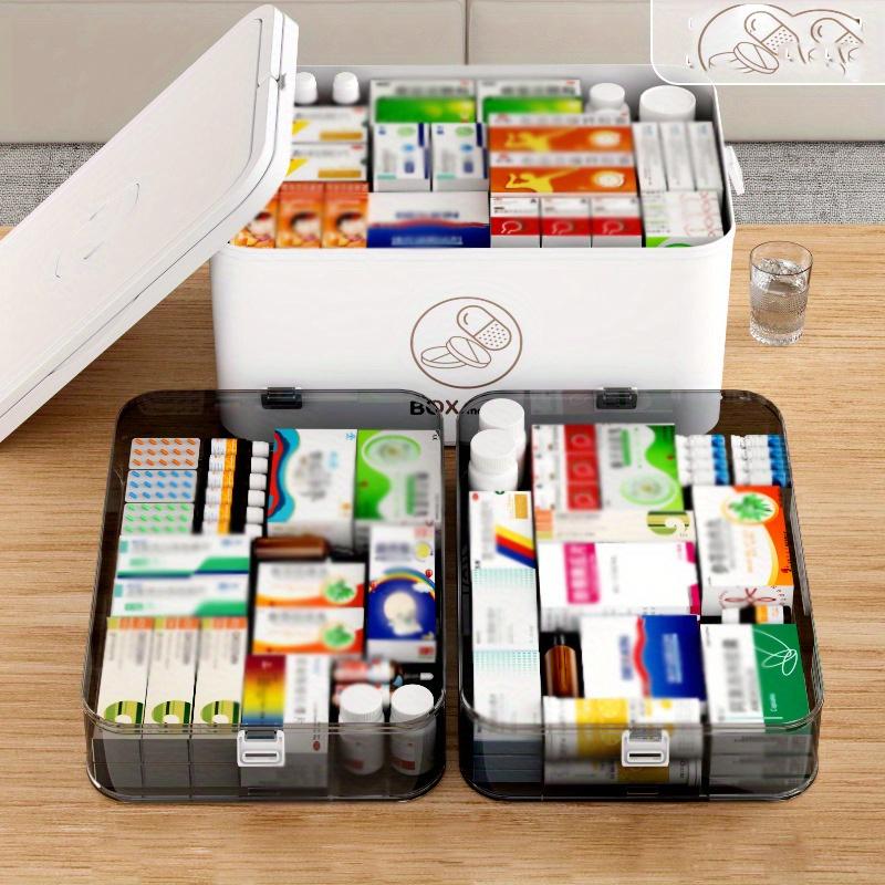 1 Stück 3-lagige Facheinteilung Tragbare Medikamentenbox mit Griff und Schnallenverschluss, Medikamentenaufbewahrungsbox mit großem Fassungsvermögen, Notfallmedikamentenbox für zu Hause.