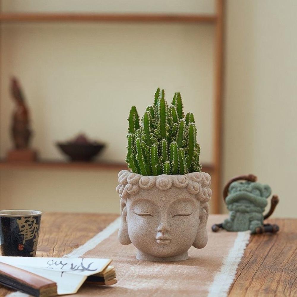 Resin Buddha Head Flower Pot Desktop Ornament Planter Statue Style Succulent Planter Modern with Drainage Hole Plant Container