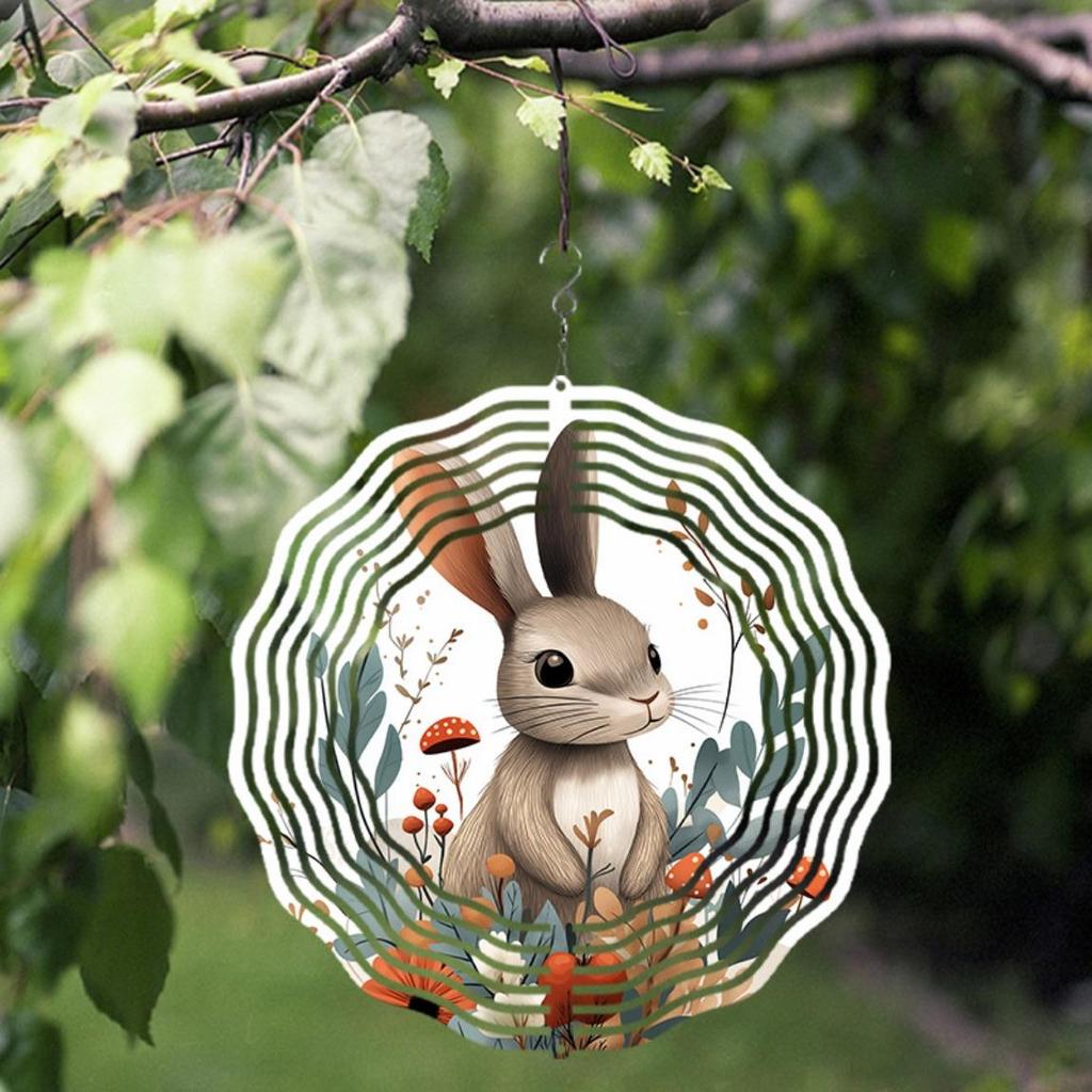 10 Inch Metal Wind Spinner with Rabbit Floral Design 360 Degree Rotating Hanging Decor for Garden Patio Lawn Indoor Outdoor