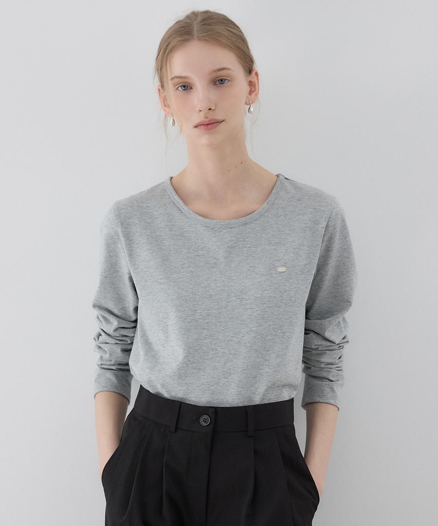 OURHOPE Logo Silky Round Neck Sleeve T-Shirt - Melange Grey